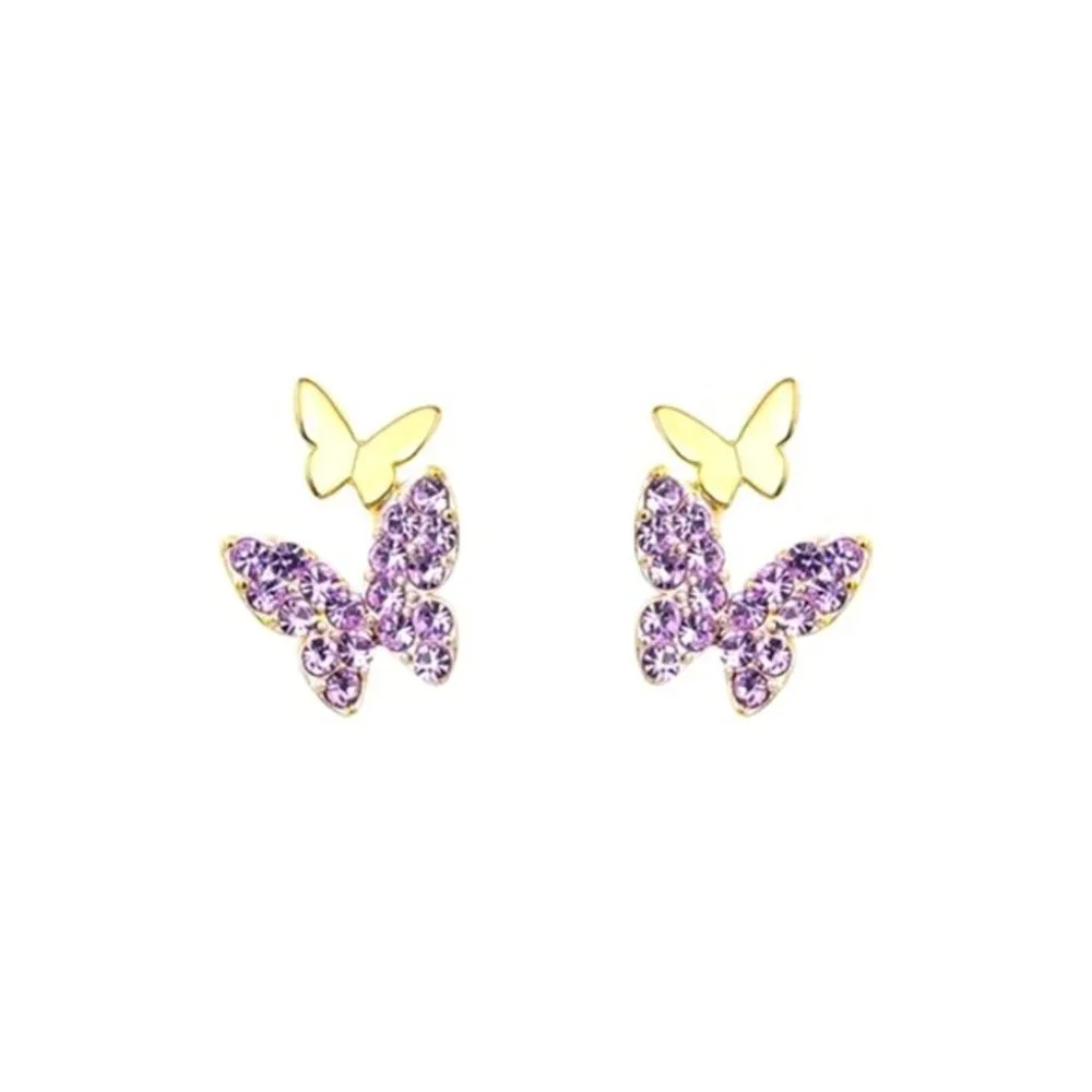 Adorable 18k Gold 925 Silver Purple CZ Butterfly Studs